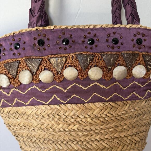 Sun and Sand Wicker Bag Purse Purple Accents‎ Zipper Closure Inside Pockets - Picture 3 of 12